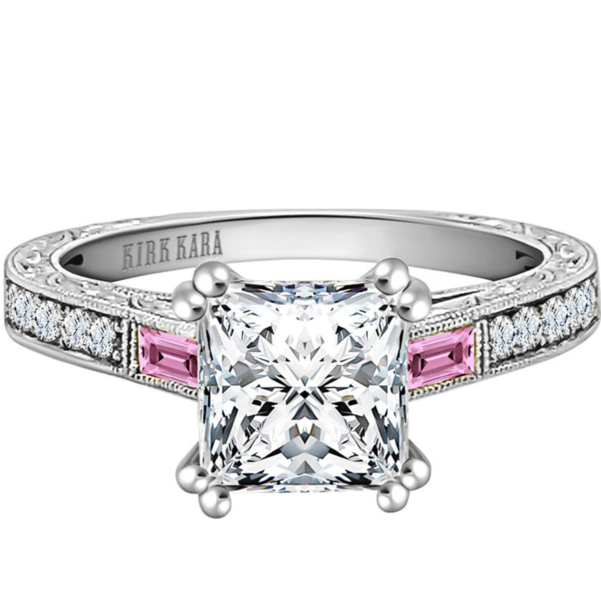 Pear Shaped Two Row Channel Moissanite Ring With Pink Sapphire In 18K  Yellow Gold