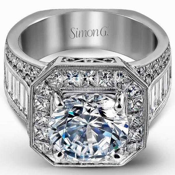 Simon G. Large Round Center Halo Flower Blossom Diamond Engagement Ring