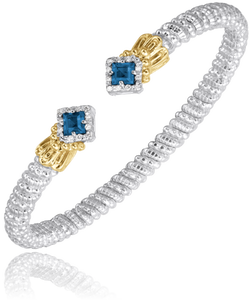 Vahan Sterling Silver & 14K Yellow Gold Compass Set Princess Cut London Blue Topaz & Diamond Bracelet