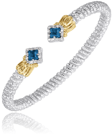 Vahan Sterling Silver & 14K Yellow Gold Compass Set Princess Cut London Blue Topaz & Diamond Bracelet