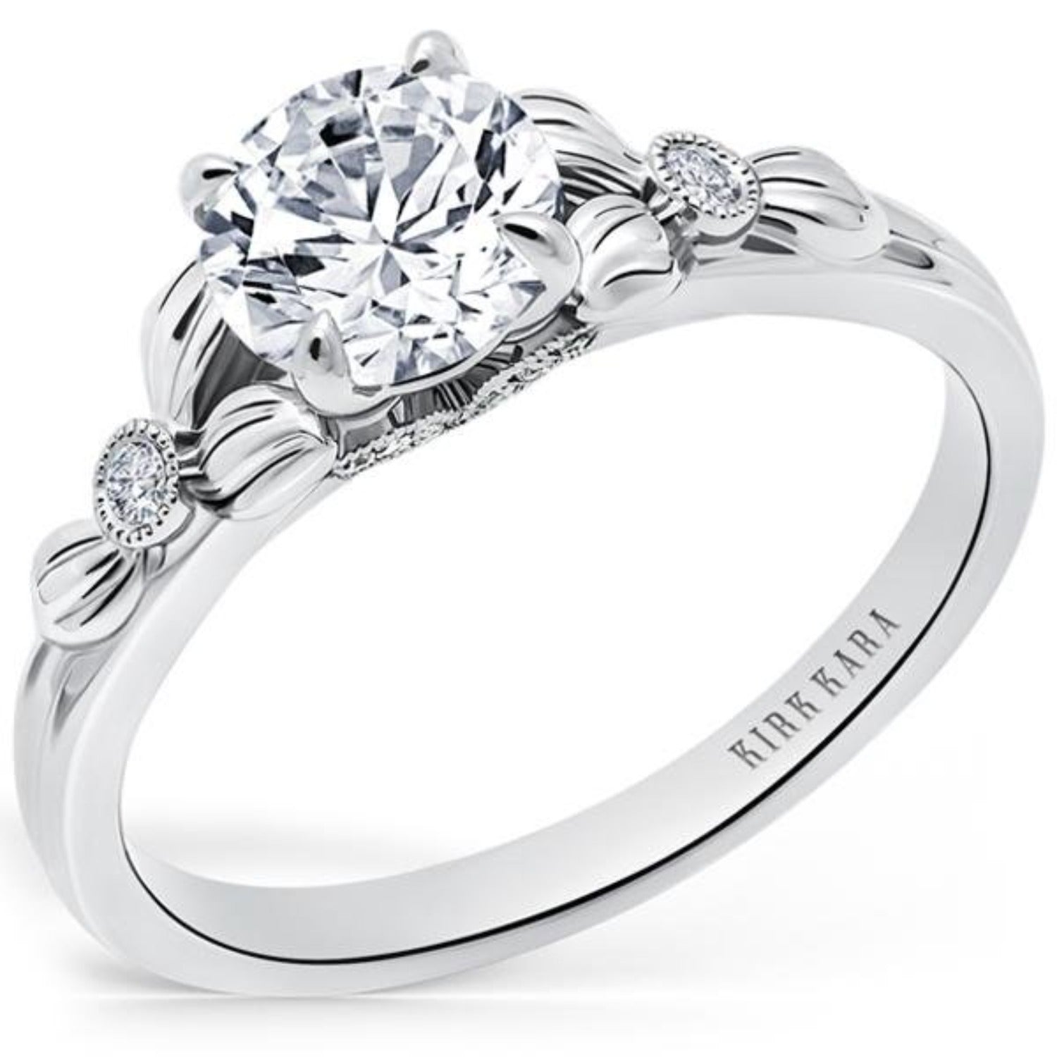 Kirk Kara White Gold "Dahlia" Petite Textured Leaf Diamond Engagement Ring Angled Side View