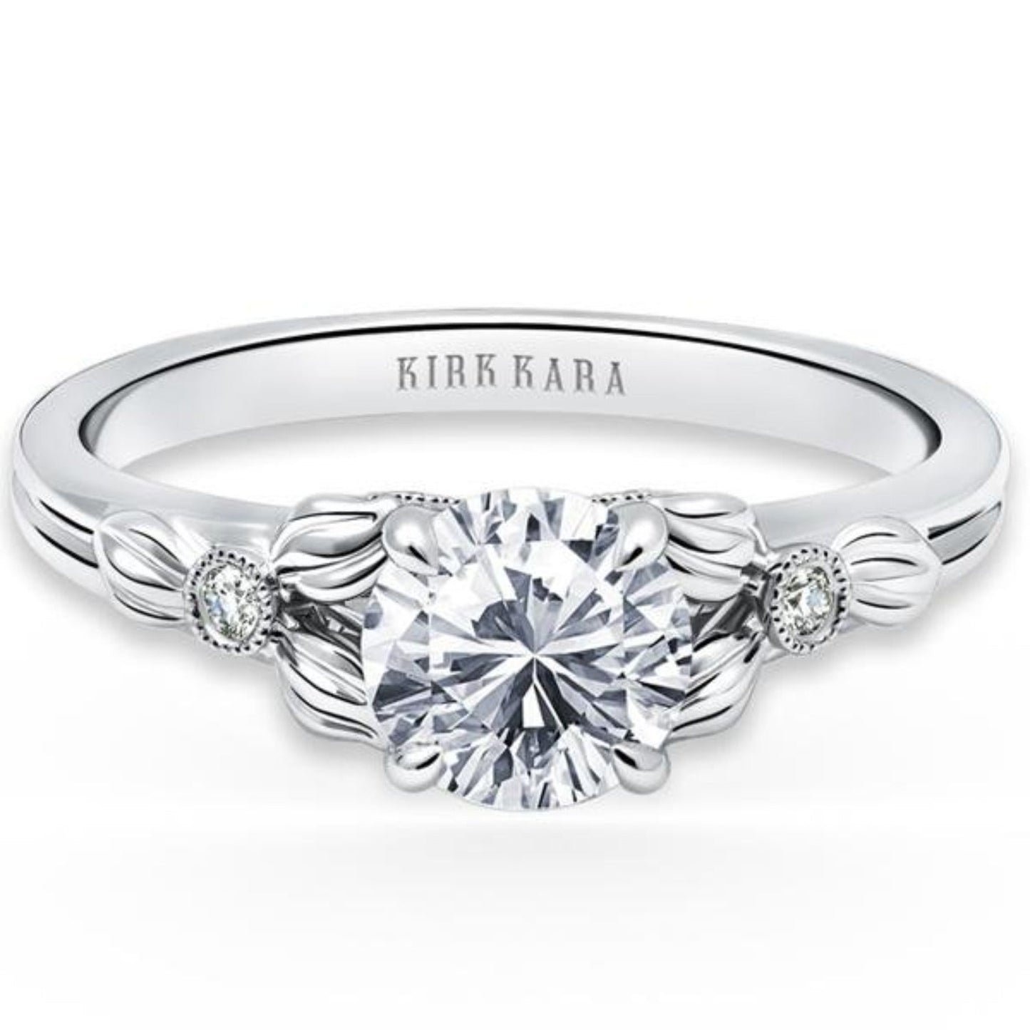 Kirk Kara White Gold "Dahlia" Petite Textured Leaf Diamond Engagement Ring Front View