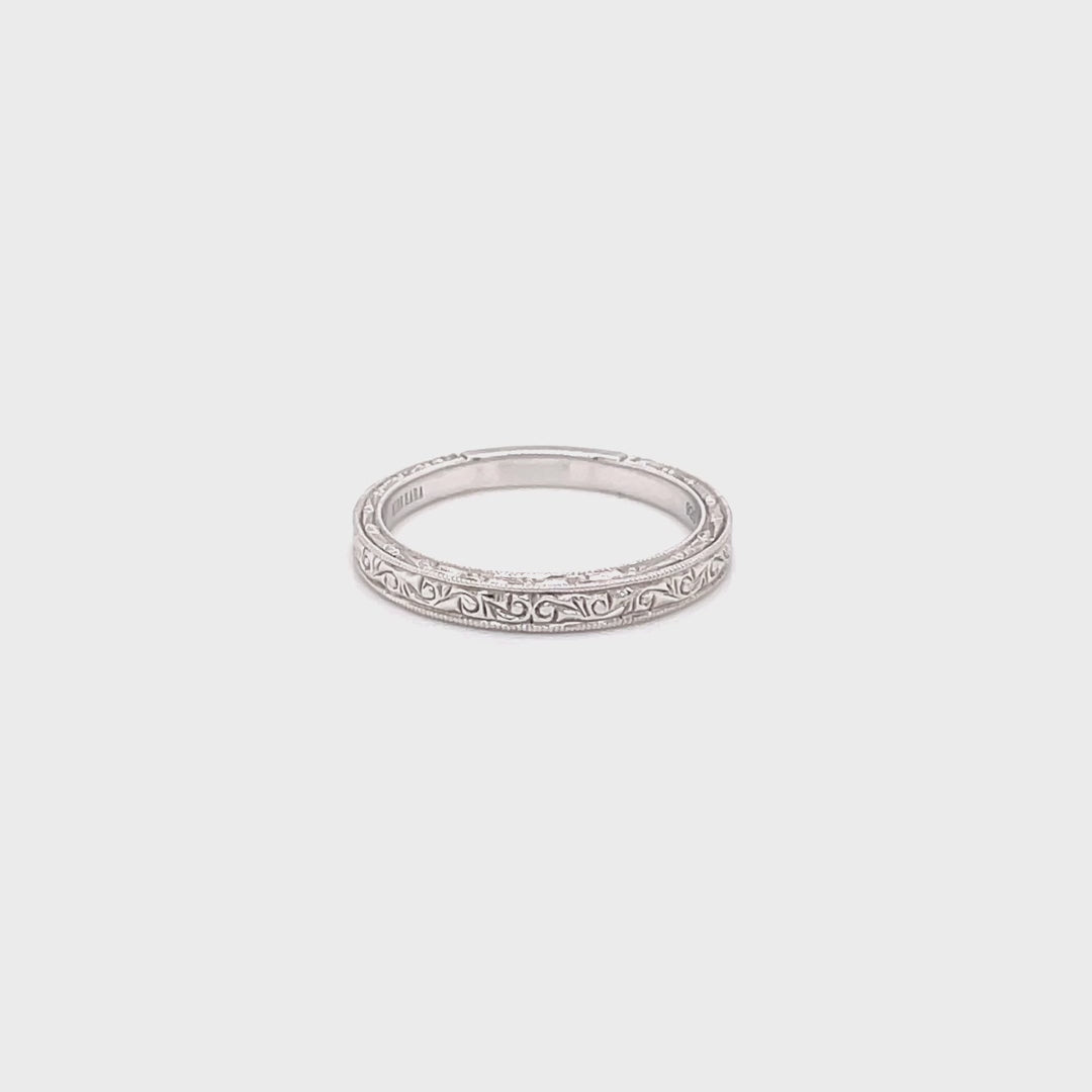 Kirk Kara White Gold "Stella" Scroll Engraved Milgrain Wedding Band Full Shot Video