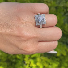 Load and play video in Gallery viewer, Ben Garelick 14K White Gold Estella Double Square Halo Pave Set Diamond Engagement Ring on a Finger
