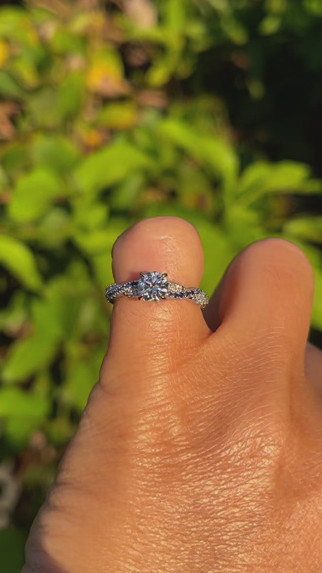 Video of Ben Garelick White Gold Luna Twist Hidden Halo Blue Sapphire Engagement Ring on Finger