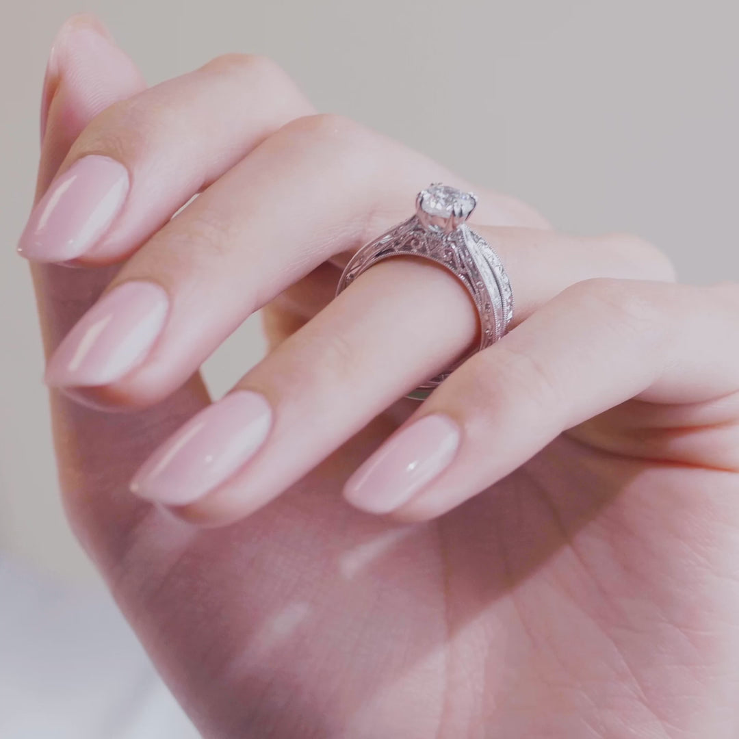 Kirk Kara White Gold "Stella" Scroll Engraved Milgrain Wedding Band Full Shot Video