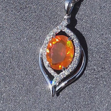 Load and play video in Gallery viewer, Video of the Simon G. Mexican Fire Opal Halo Diamond Swirl Pendant
