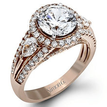 Load image into Gallery viewer, Simon G. Diamond Halo Ring with Pear Cut Side Diamonds
