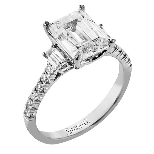 Simon G. Three Stone Emerald Cut Diamond Engagement Ring