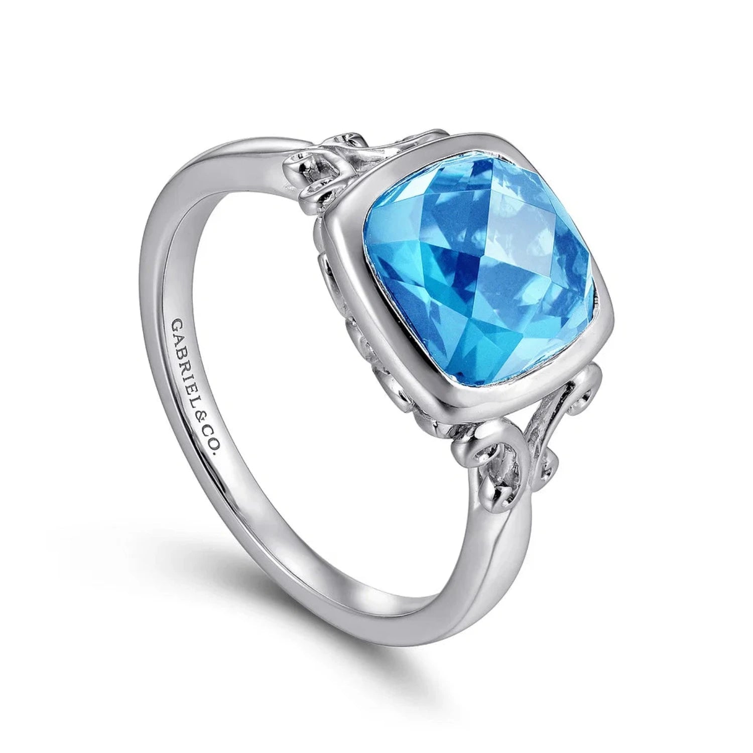 Cushion Blue Topaz & Diamond Halo Split Shank Ring - Raven Fine Jewelers