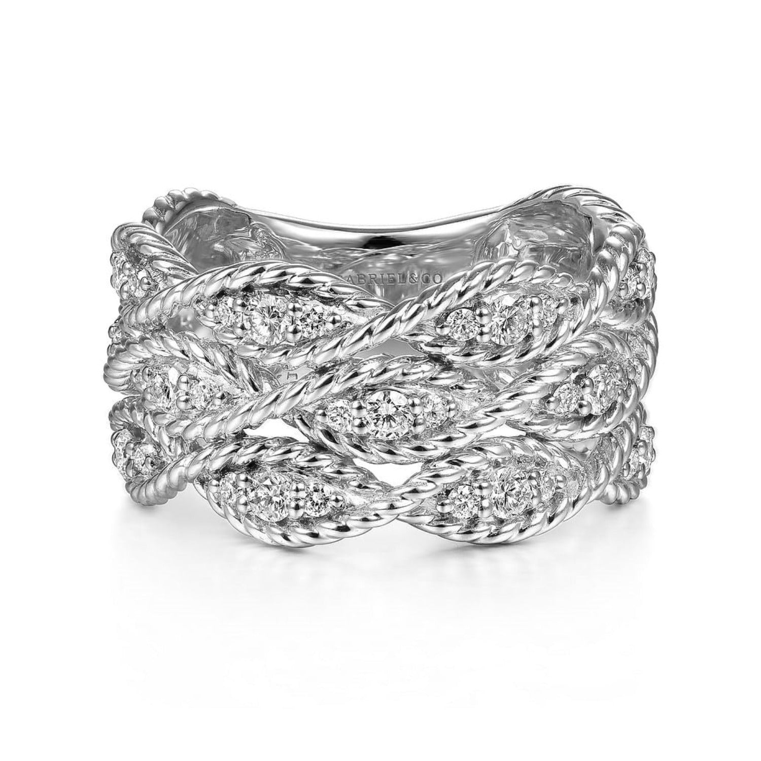 18K White-Yellow Gold Braided Metal and Diamond Wide Ring