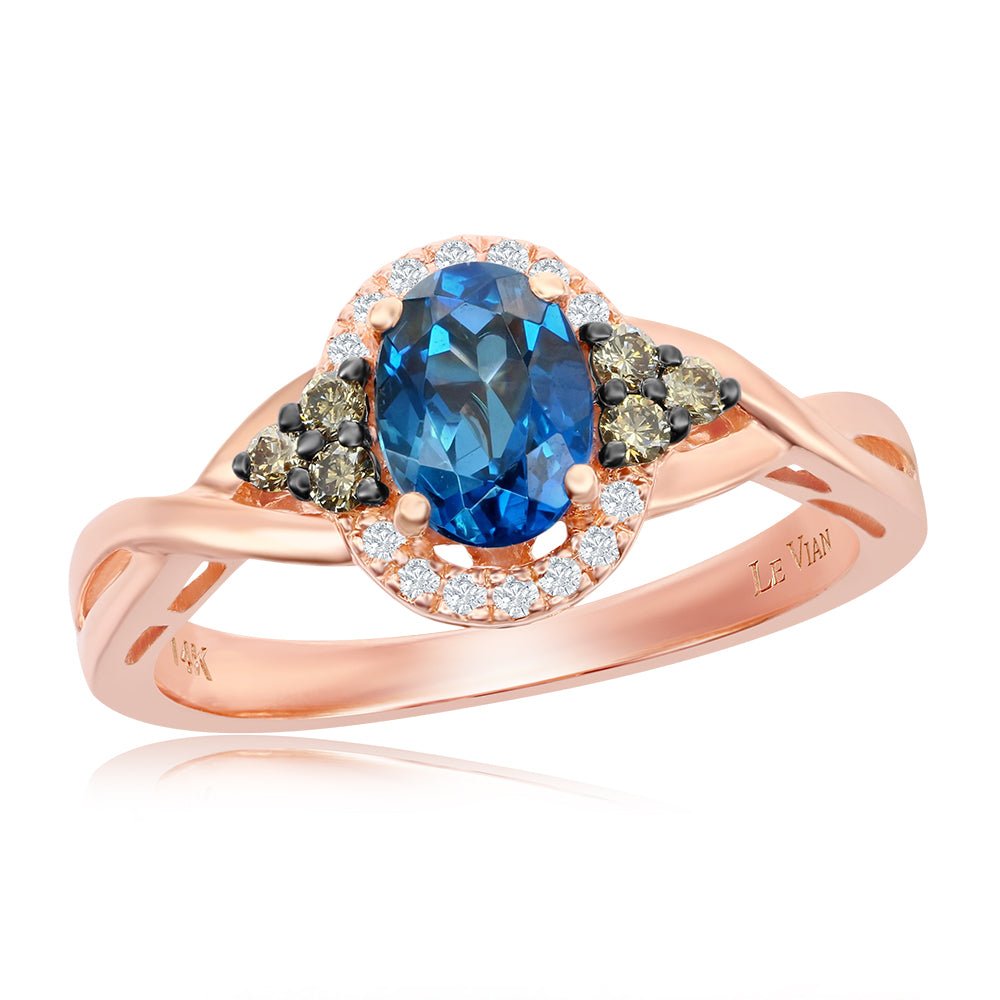 Le Vian Oval Deep Sea Blue Topaz Chocolate & Vanilla Diamond Halo Ring ...